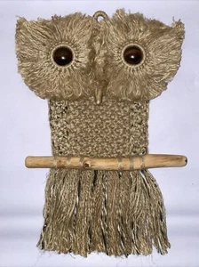 Vintage Woven Macrame Owl Wall Hanging with Wood Beads and Branch - Picture 1 of 17