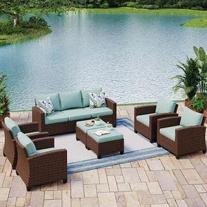 7 Pieces Patio Furniture Set Outdoor Wicker Rattan Sofa Conversation Set 9 Seat - Picture 1 of 10