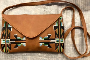 Cotton On Shoulder Bag Brown with multicoloured embroidery pattern 26 x 16cm - Picture 1 of 7