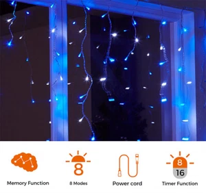 Christmas Waterproof Blue&White Icicles Fairy Light,8 Hours Timer,8 Modes,Memory - Picture 1 of 8