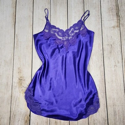 Vintage Gold Label Victoria's Secret Purple Satin Lace Trim Cami Slip Lingerie S - Image 1 of 4