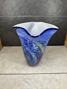 Murano Style Glass Vase - Blue With Red & Green Accents. White Inside Decorative - Picture 1 of 17