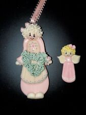 2 Vtg Easter Valentine Angel Ornament & Pin Set Handmade Angel Clay Salt Dough 