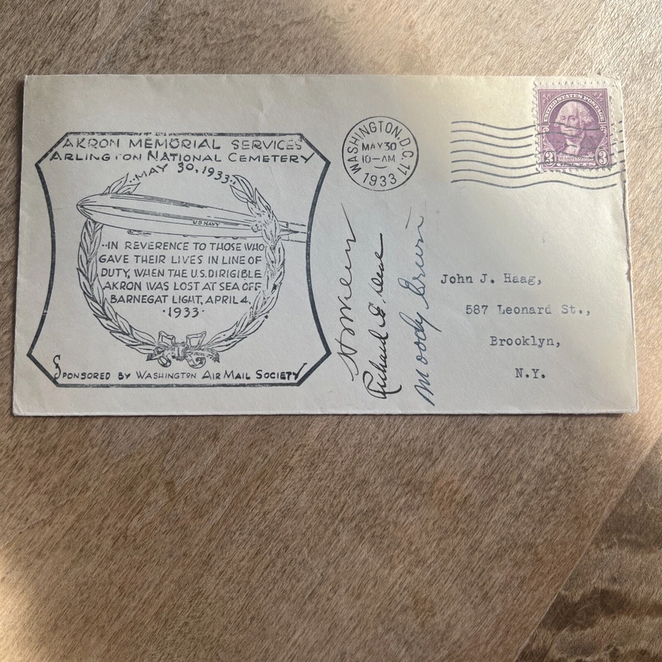 1933 USS Akron memorial Cover 3 Signatures - Image 1 of 4