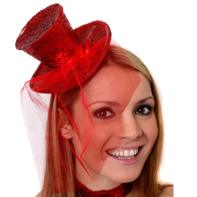 RED MINI TOP HAT WITH NET GLITTER FASCINATOR FANCY DRESS ACCESSORY CHRISTMAS - Image 1 of 4