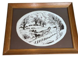 Scena slitta cavallo invernale innevata ricamata punto ago vintage incorniciata - Foto 1 di 6