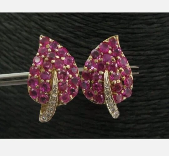2.00Ct Round Cut Lab-Created Red Ruby Leaf Stud Earring 14K Yellow Gold Plated - Image 1 of 4