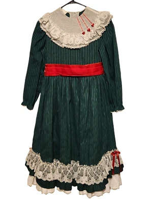 Mini vestido mundial listra verde faixa vermelha anágua renda meninas tamanho 12? Feito nos EUA - Imagem 1 de 4