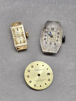 Vintage Lot Of Watch Parts Benrus Felaris Movements And  Geneva Dial For Parts - Image 1 of 4