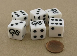 Pack of 6 Snake Dice, D6 16mm Square Edge - White with Black Pips - Picture 1 of 2
