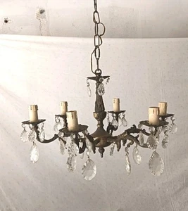 Antique Vintage Brass Chandelier 6 Light Elaborate Crystals Rare - Picture 1 of 6