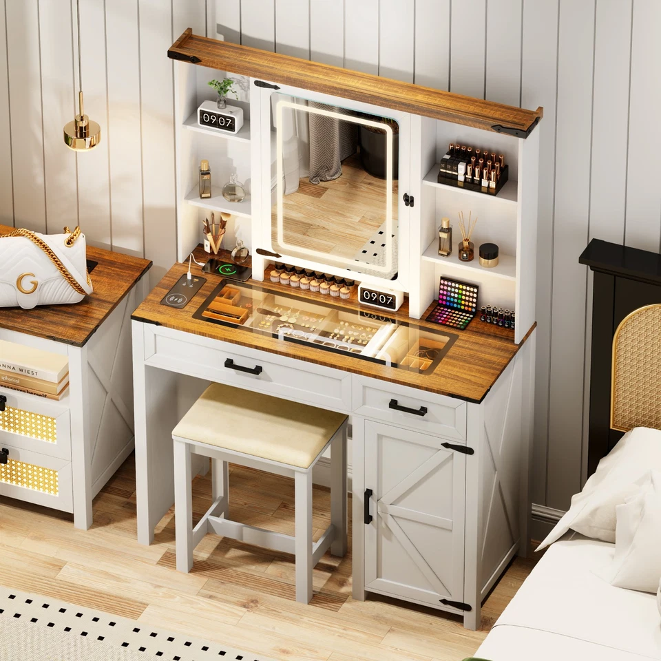 Makeup Vanity Desk with LED Mirror Lights, Vanity Table with Charging Station - Image 1 of 1