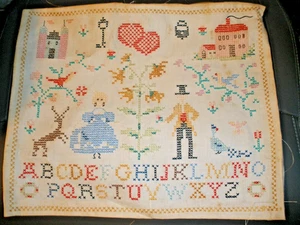 Vintage fertiger Kreuzstich ABC Mann Dame Szene 16"x13" - Bild 1 von 2