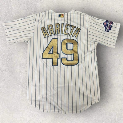 Majestic Chicago Cubs #49 Arrieta 2016 World Series Stitched Jersey Gold Sz M - Image 1 of 4