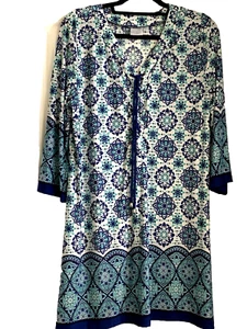 BEACH BREAK TUNIC TURQUOISE NAVY BLUE WHITE DRESS LACE UP YOLK BELL 3/4 SLEEVE L - Picture 1 of 4