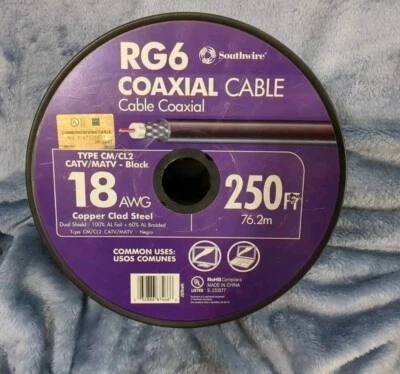 250-ft Roll, 18AWG, RG6 Black Coaxial Cable Southwire - Image 1 of 4