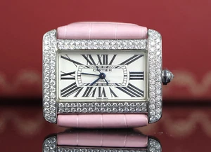 Cartier Tank Divan Steel Pave Aftermarket Set Diamond NEW Pink Band Watch 2612 - Picture 1 of 10