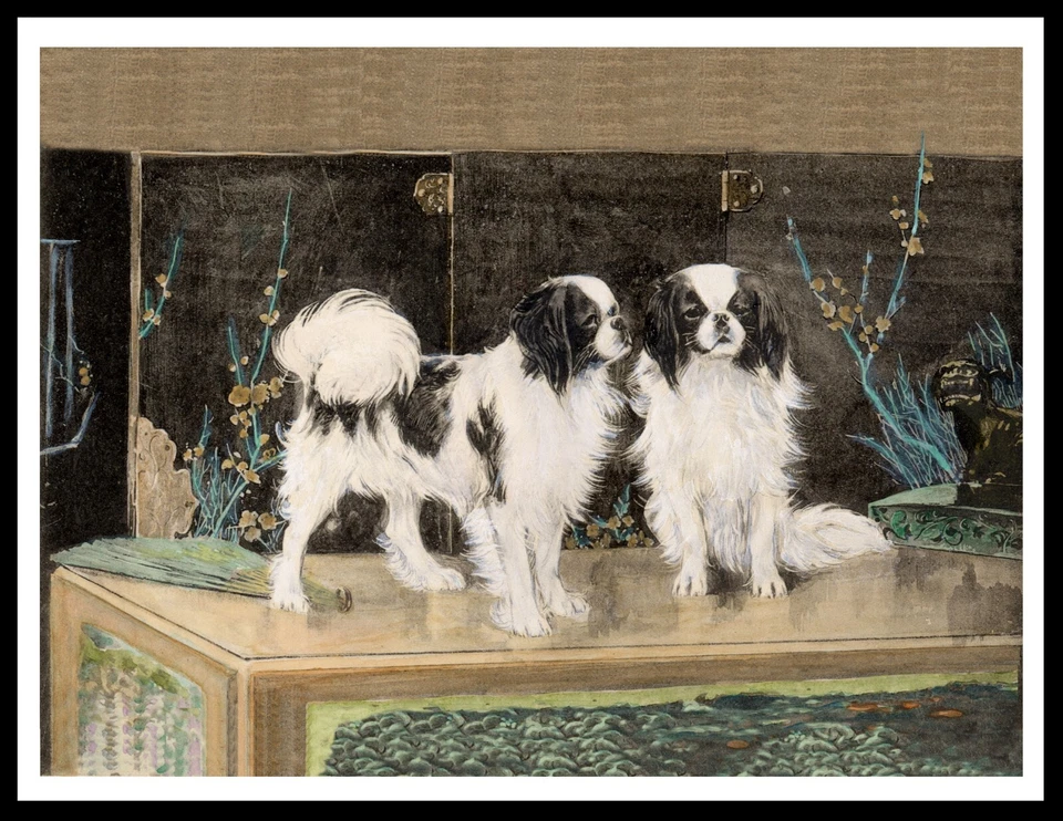 JAPANESE CHIN DOGS ON AN LARGE ORIENTAL CHEST VINTAGE STYLE DOG ART PRINT POSTER - Image 1 of 1