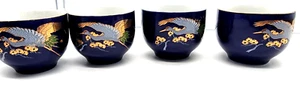 Set Of 4 Vintage Japanese Blue Gold Crane Ceramic Tea Cups - Picture 1 of 8