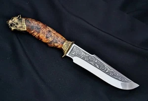 CUCHILLO ÚNICO HECHO A MANO TAZA DE ARCE * PANTERA DE CAZA * #2 + FUNDA DE CUERO - Imagen 1 de 5