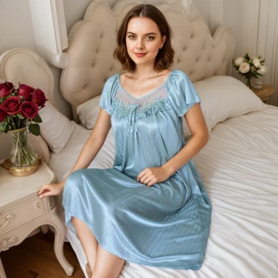 Sexy Seda Satén Mujeres Prendas para Dormir Damas Manga Corta Camisón Batas Vestido de Noche Foto 1 de 4