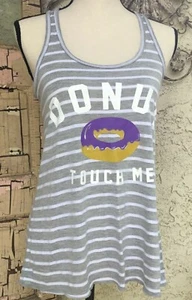 Donut Touch Me Bella Womens Tank Top Gray White Stripes Racer Back Small - Picture 1 of 5