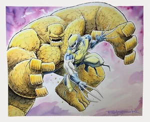 WOLVERINE VS THE THING original Watercolor painting by Rich Koslowski. Framed! - Picture 1 of 4