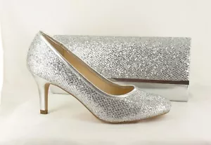 Womens Silver Glitter Court shoe, with Matching Handbag - Picture 1 of 3