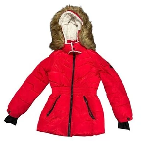 Steve Madden Girl Youth Red Hooded Puffer Jacket w/ Faux Fur Trim-size medium - Picture 1 of 5