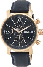 Fossil Rhett 42mm Rose Gold Tone Stainless Steel Case with Navy Leather Band Blue Dial Men's Wristwatch (BQ1704)