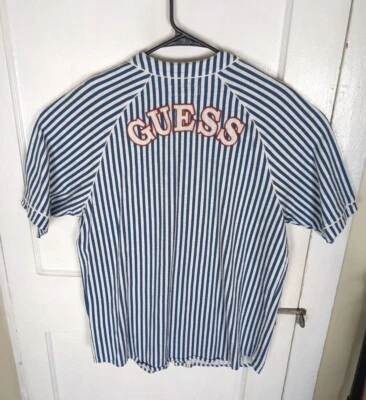 Guess Jeans Urban Outfitters Baseball Jersey Men M Spellout Embroidered Striped  - Image 1 of 4