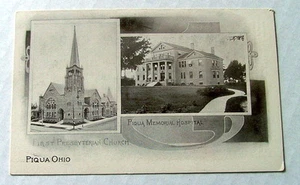 POSTCARD PIQUA MEMORIAL HOSPITAL & FIRST PRESBYTERIAN CHURCH PIQUA OHIO - Picture 1 of 2