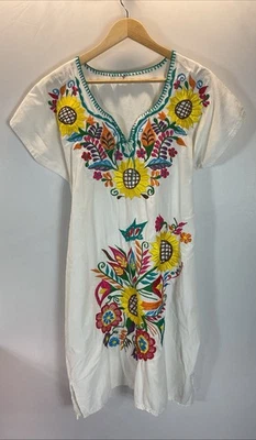 VTG Mexican Colorful Embroidered Tunic Coverup Mini Dress Size L Tie Back - Image 1 of 4