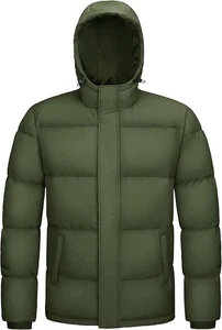 Mens Hooded Down Jacket Water Resistant Puffer Insulated Army Green Size Small - Picture 1 of 8