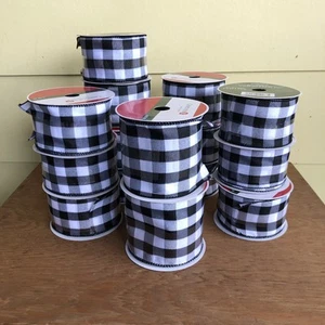 Lot of 15 Black White Buffalo Plaid Gingham Wired Ribbon 2.5" + 3.75" Wide - Picture 1 of 10