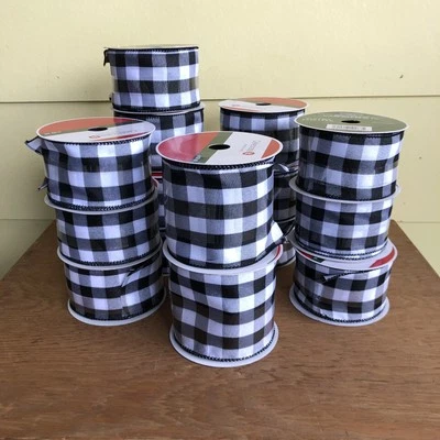 Lot of 15 Black White Buffalo Plaid Gingham Wired Ribbon 2.5" + 3.75" Wide - Image 1 of 4