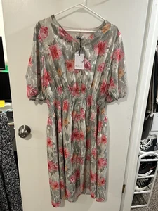 Abito StyleList by Micaela L grigio rosa floreale manica a sbuffo vita fumé nuovo con etichette - Foto 1 di 17