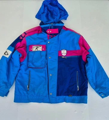 RODEO Skijacke 42" XL blau rosa Unisex Nylon Kapuze Vintage Grafik Retro - Bild 1 von 4