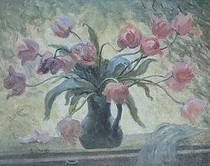 Stunning Marthe Orant Still Life Lithograph Print - VASE OF PINK FLOWERS - - Picture 1 of 10