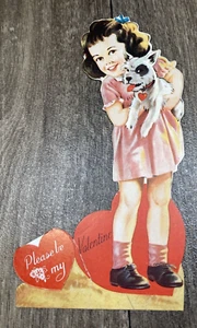 Vintage Valentine Girl Holding Dog Please Be My Valentine 1930s - Picture 1 of 4