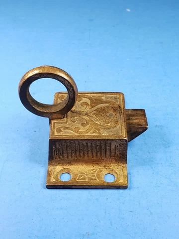 Vintage Transom Window Latch Lock Ornate Ring Pull Cast Iron Brass Plated Cover