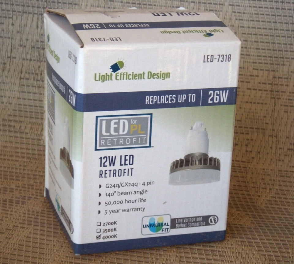 LIGHT EFFICIENT DESIGN LED-7318 12 WATT LED PL LAMP 4-PIN G24q/GX24q Base, 4000K - Image 1 of 1