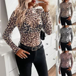Womens Leopard Printed Pullover Half High Collar Tops Ladies Slim Fit Blouse Tee - Picture 1 of 20