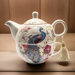 Peacock Tea For One Set Stackable Teapot Cup Mug Floral Pink Gold Tassel Luu BV - Picture 1 of 9