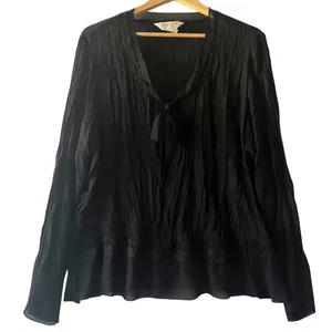 Allison Taylor Woman 1X Blouse Black Tie Front Long Sleeve Lace Trim Whimsigoth - Picture 1 of 7