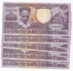1986 Suriname 100 Gulden Note P13A x 5 - Picture 1 of 2