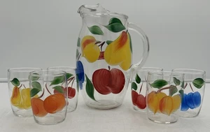 7er Set - Vintage handbemalter Obst Design 1 Krug mit 6 Gläsern - Bild 1 von 6