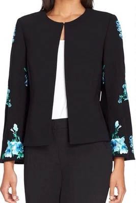NEW TAHARI ASL Women's Embroidered Floral Bell-Sleeve Blazer Size 10 Black - Image 1 of 3