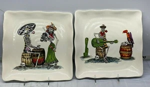 2 Pcs Set Maxcera Music Sceleton Halloween Square Dinner Plates New 11" - Picture 1 of 7