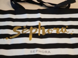 SEPHORA Tote Bag with handles, black with white stripes and gold text. 17"×11" - Picture 1 of 6